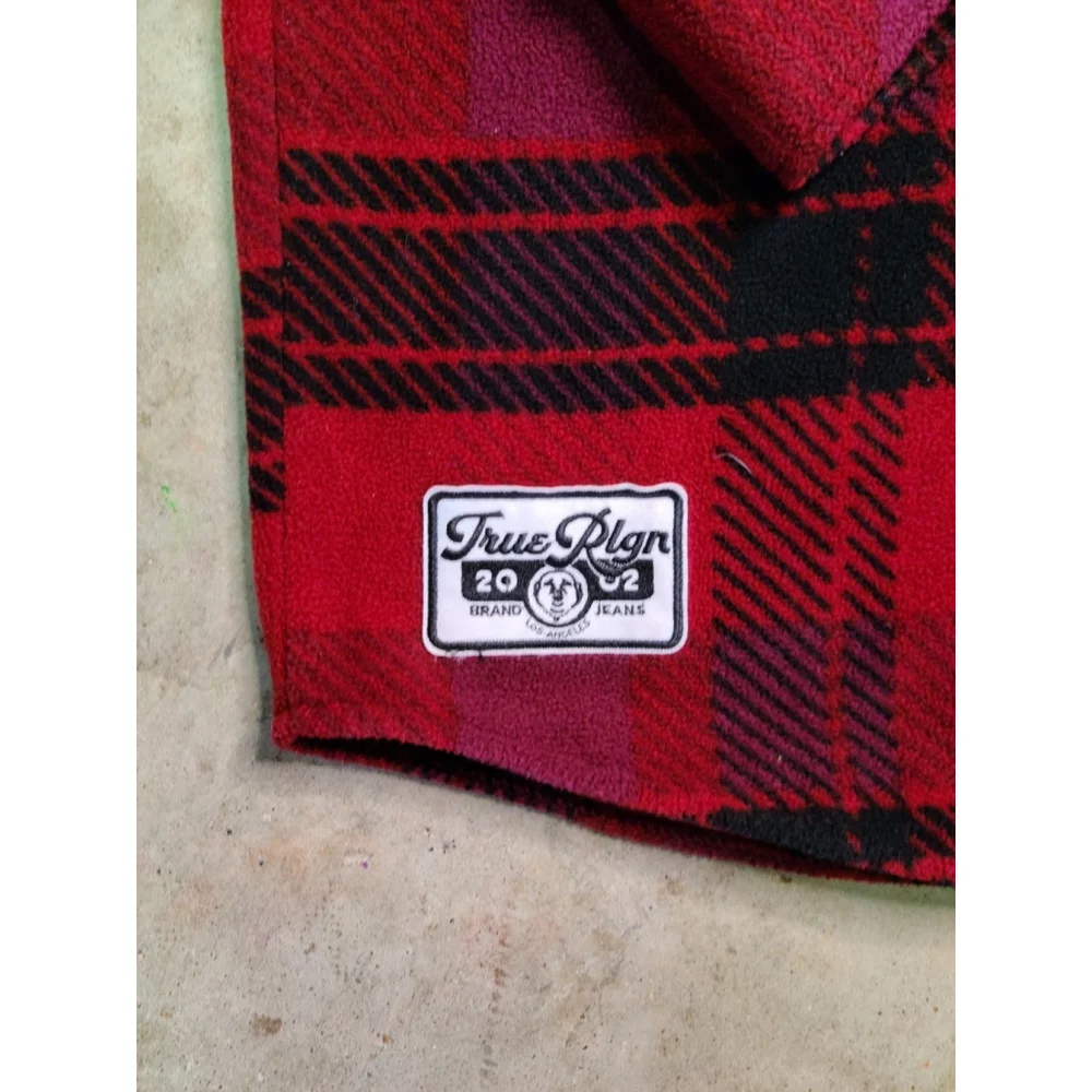 Fleece Plaid Shacket Over Shirt Mens M True Religion Red Jecket Snap Button